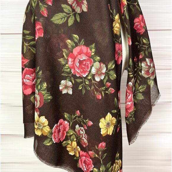 Large Square Brown Floral Roses Scarf Shawl Wrap 46x46 - Picture 4 of 10
